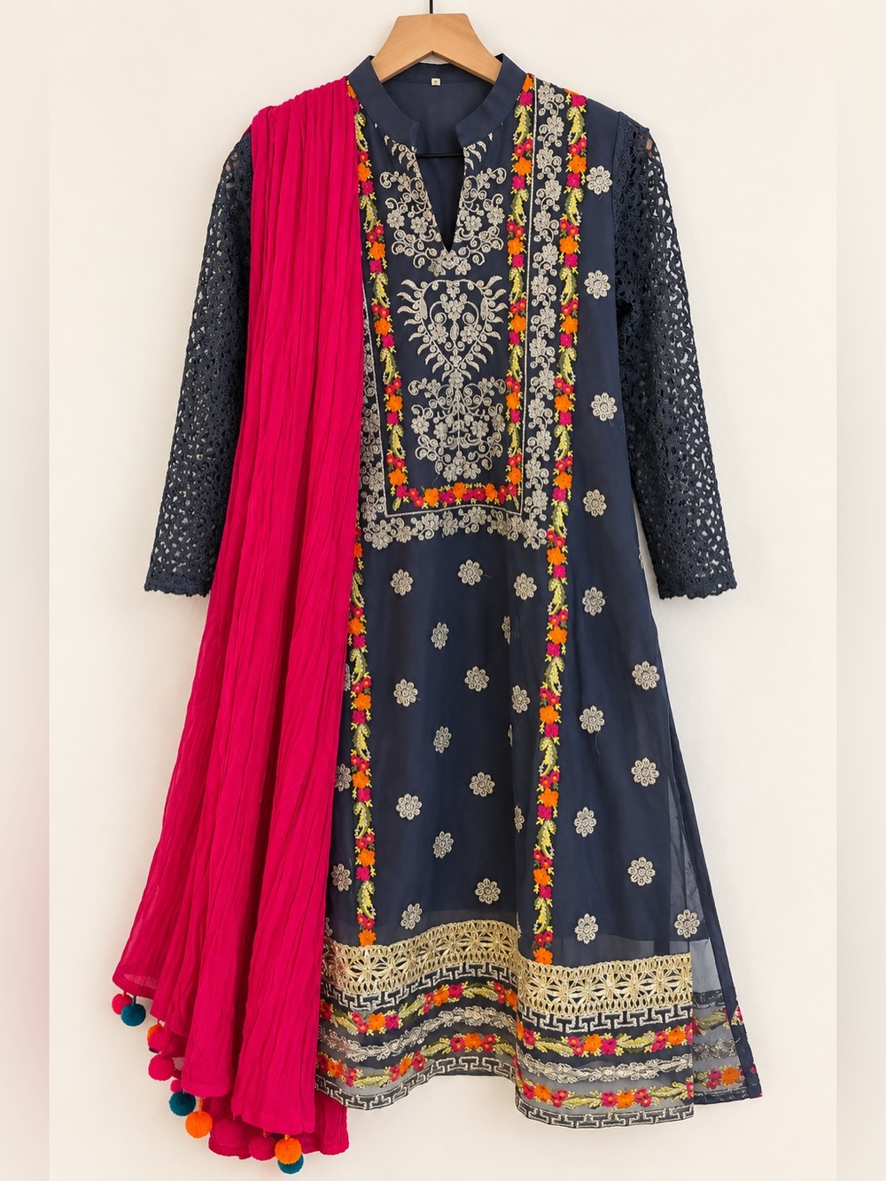 Pakistani Charcoal Gray Embroidered 3 Piece Salwar Kameez Suit Pink Dupatta S